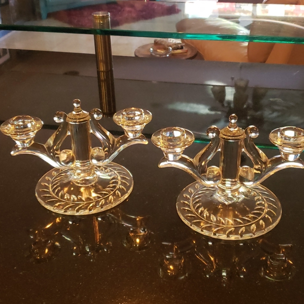 Set of pattern glass double candlestick holders